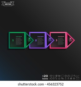 Vector infographic design with colorful square on the black background. Business concept. 3 options, parts, steps. Can be used for graph, diagram, chart, workflow layout, number options, web