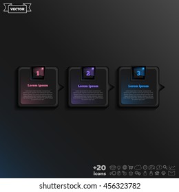 Vector infographic design with colorful square on the black background. Business concept. 3 options, parts, steps. Can be used for graph, diagram, chart, workflow layout, number options, web
