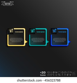 Vector infographic design with colorful square on the black background. Business concept. 3 options, parts, steps. Can be used for graph, diagram, chart, workflow layout, number options, web