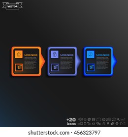 Vector infographic design with colorful square on the black background. Business concept. 3 options, parts, steps. Can be used for graph, diagram, chart, workflow layout, number options, web