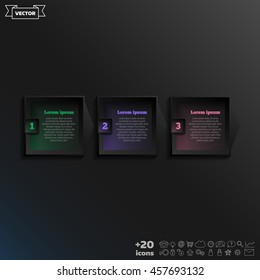 Vector infographic design with colorful square on the black background. Business concept. 3 options, parts, steps. Can be used for graph, diagram, chart, workflow layout, number options, web