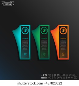 Vector infographic design with colorful square on the black background. Business concept. 3 options, parts, steps. Can be used for graph, diagram, chart, workflow layout, number options, web