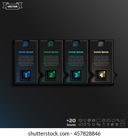 Vector infographic design with colorful square on the black background. Business concept. 4 options, parts, steps. Can be used for graph, diagram, chart, workflow layout, number options, web