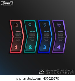 Vector infographic design with colorful square on the black background. Business concept. 4 options, parts, steps. Can be used for graph, diagram, chart, workflow layout, number options, web