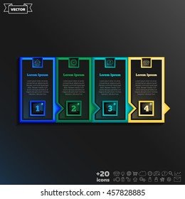 Vector infographic design with colorful square on the black background. Business concept. 4 options, parts, steps. Can be used for graph, diagram, chart, workflow layout, number options, web