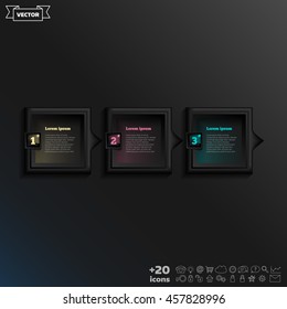 Vector infographic design with colorful square on the black background. Business concept. 3 options, parts, steps. Can be used for graph, diagram, chart, workflow layout, number options, web