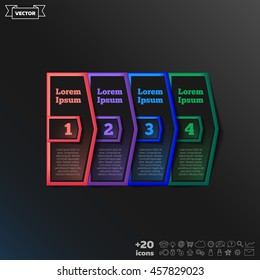 Vector infographic design with colorful square on the black background. Business concept. 4 options, parts, steps. Can be used for graph, diagram, chart, workflow layout, number options, web