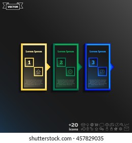 Vector infographic design with colorful square on the black background. Business concept. 3 options, parts, steps. Can be used for graph, diagram, chart, workflow layout, number options, web
