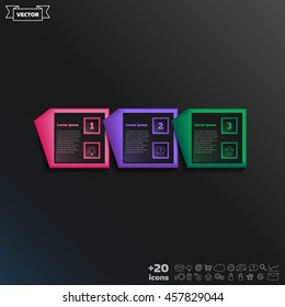 Vector infographic design with colorful square on the black background. Business concept. 3 options, parts, steps. Can be used for graph, diagram, chart, workflow layout, number options, web