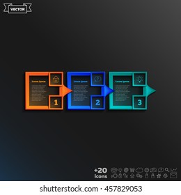 Vector infographic design with colorful square on the black background. Business concept. 3 options, parts, steps. Can be used for graph, diagram, chart, workflow layout, number options, web