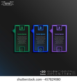 Vector infographic design with colorful square on the black background. Business concept. 3 options, parts, steps. Can be used for graph, diagram, chart, workflow layout, number options, web
