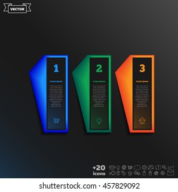Vector infographic design with colorful square on the black background. Business concept. 3 options, parts, steps. Can be used for graph, diagram, chart, workflow layout, number options, web