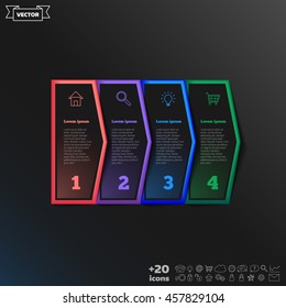 Vector infographic design with colorful square on the black background. Business concept. 4 options, parts, steps. Can be used for graph, diagram, chart, workflow layout, number options, web