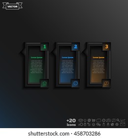 Vector infographic design with colorful square on the black background. Business concept. 3 options, parts, steps. Can be used for graph, diagram, chart, workflow layout, number options, web