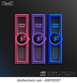 Vector infographic design with colorful square on the black background. Business concept. 3 options, parts, steps. Can be used for graph, diagram, chart, workflow layout, number options, web