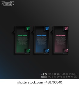 Vector infographic design with colorful square on the black background. Business concept. 3 options, parts, steps. Can be used for graph, diagram, chart, workflow layout, number options, web