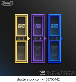 Vector infographic design with colorful square on the black background. Business concept. 3 options, parts, steps. Can be used for graph, diagram, chart, workflow layout, number options, web