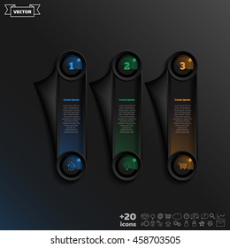 Vector infographic design with colorful square on the black background. Business concept. 3 options, parts, steps. Can be used for graph, diagram, chart, workflow layout, number options, web
