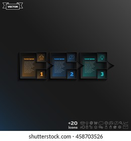 Vector infographic design with colorful square on the black background. Business concept. 3 options, parts, steps. Can be used for graph, diagram, chart, workflow layout, number options, web