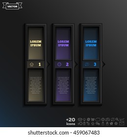 Vector infographic design with colorful square on the black background. Business concept. 3 options, parts, steps. Can be used for graph, diagram, chart, workflow layout, number options, web