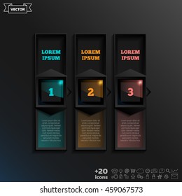 Vector infographic design with colorful square on the black background. Business concept. 3 options, parts, steps. Can be used for graph, diagram, chart, workflow layout, number options, web