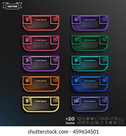 Vector infographic design with colorful square on the black background. Business concept. 10 options, parts, steps. Can be used for graph, diagram, chart, workflow layout, number options, web