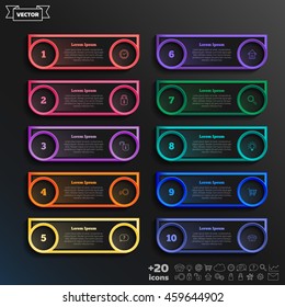 Vector infographic design with colorful square on the black background. Business concept. 10 options, parts, steps. Can be used for graph, diagram, chart, workflow layout, number options, web