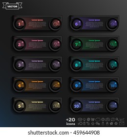Vector infographic design with colorful square on the black background. Business concept. 10 options, parts, steps. Can be used for graph, diagram, chart, workflow layout, number options, web
