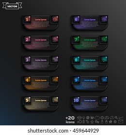 Vector infographic design with colorful square on the black background. Business concept. 10 options, parts, steps. Can be used for graph, diagram, chart, workflow layout, number options, web