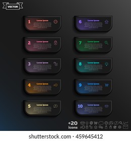 Vector infographic design with colorful square on the black background. Business concept. 10 options, parts, steps. Can be used for graph, diagram, chart, workflow layout, number options, web