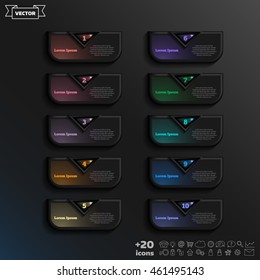 Vector infographic design with colorful square on the black background. Business concept. 10 options, parts, steps. Can be used for graph, diagram, chart, workflow layout, number options, web
