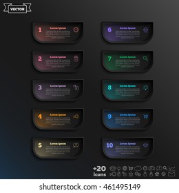 Vector infographic design with colorful square on the black background. Business concept. 10 options, parts, steps. Can be used for graph, diagram, chart, workflow layout, number options, web