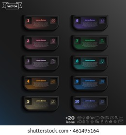Vector infographic design with colorful square on the black background. Business concept. 10 options, parts, steps. Can be used for graph, diagram, chart, workflow layout, number options, web