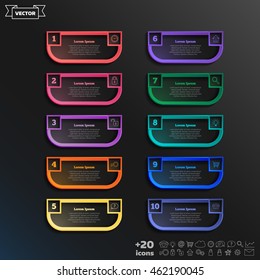 Vector infographic design with colorful square on the black background. Business concept. 10 options, parts, steps. Can be used for graph, diagram, chart, workflow layout, number options, web