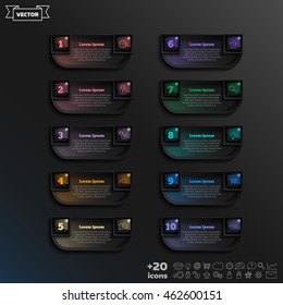 Vector infographic design with colorful square on the black background. Business concept. 10 options, parts, steps. Can be used for graph, diagram, chart, workflow layout, number options, web