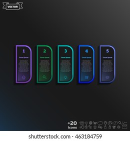 Vector infographic design with colorful square on the black background. Business concept. 5 options, parts, steps. Can be used for graph, diagram, chart, workflow layout, number options, web
