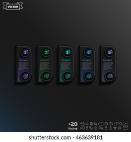 Vector infographic design with colorful square on the black background. Business concept. 5 options, parts, steps. Can be used for graph, diagram, chart, workflow layout, number options, web