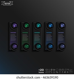 Vector infographic design with colorful square on the black background. Business concept. 5 options, parts, steps. Can be used for graph, diagram, chart, workflow layout, number options, web