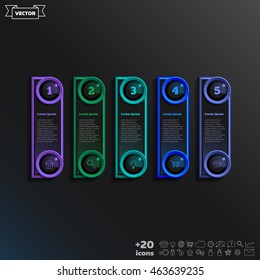Vector infographic design with colorful square on the black background. Business concept. 5 options, parts, steps. Can be used for graph, diagram, chart, workflow layout, number options, web