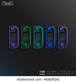 Vector infographic design with colorful square on the black background. Business concept. 5 options, parts, steps. Can be used for graph, diagram, chart, workflow layout, number options, web