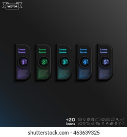 Vector infographic design with colorful square on the black background. Business concept. 5 options, parts, steps. Can be used for graph, diagram, chart, workflow layout, number options, web