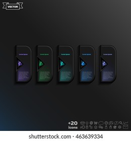 Vector infographic design with colorful square on the black background. Business concept. 5 options, parts, steps. Can be used for graph, diagram, chart, workflow layout, number options, web