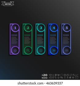 Vector infographic design with colorful square on the black background. Business concept. 5 options, parts, steps. Can be used for graph, diagram, chart, workflow layout, number options, web