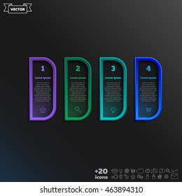 Vector infographic design with colorful square on the black background. Business concept. 4 options, parts, steps. Can be used for graph, diagram, chart, workflow layout, number options, web