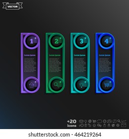 Vector infographic design with colorful square on the black background. Business concept. 4 options, parts, steps. Can be used for graph, diagram, chart, workflow layout, number options, web