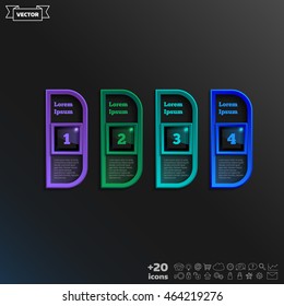 Vector infographic design with colorful square on the black background. Business concept. 4 options, parts, steps. Can be used for graph, diagram, chart, workflow layout, number options, web