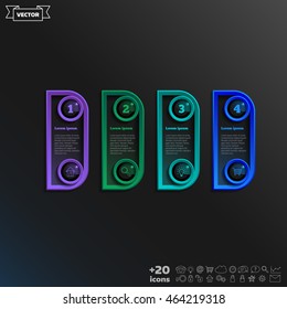 Vector infographic design with colorful square on the black background. Business concept. 4 options, parts, steps. Can be used for graph, diagram, chart, workflow layout, number options, web