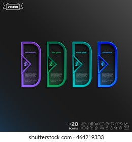 Vector infographic design with colorful square on the black background. Business concept. 4 options, parts, steps. Can be used for graph, diagram, chart, workflow layout, number options, web