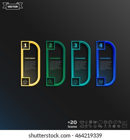 Vector infographic design with colorful square on the black background. Business concept. 4 options, parts, steps. Can be used for graph, diagram, chart, workflow layout, number options, web