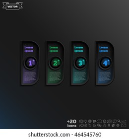 Vector infographic design with colorful square on the black background. Business concept. 4 options, parts, steps. Can be used for graph, diagram, chart, workflow layout, number options, web